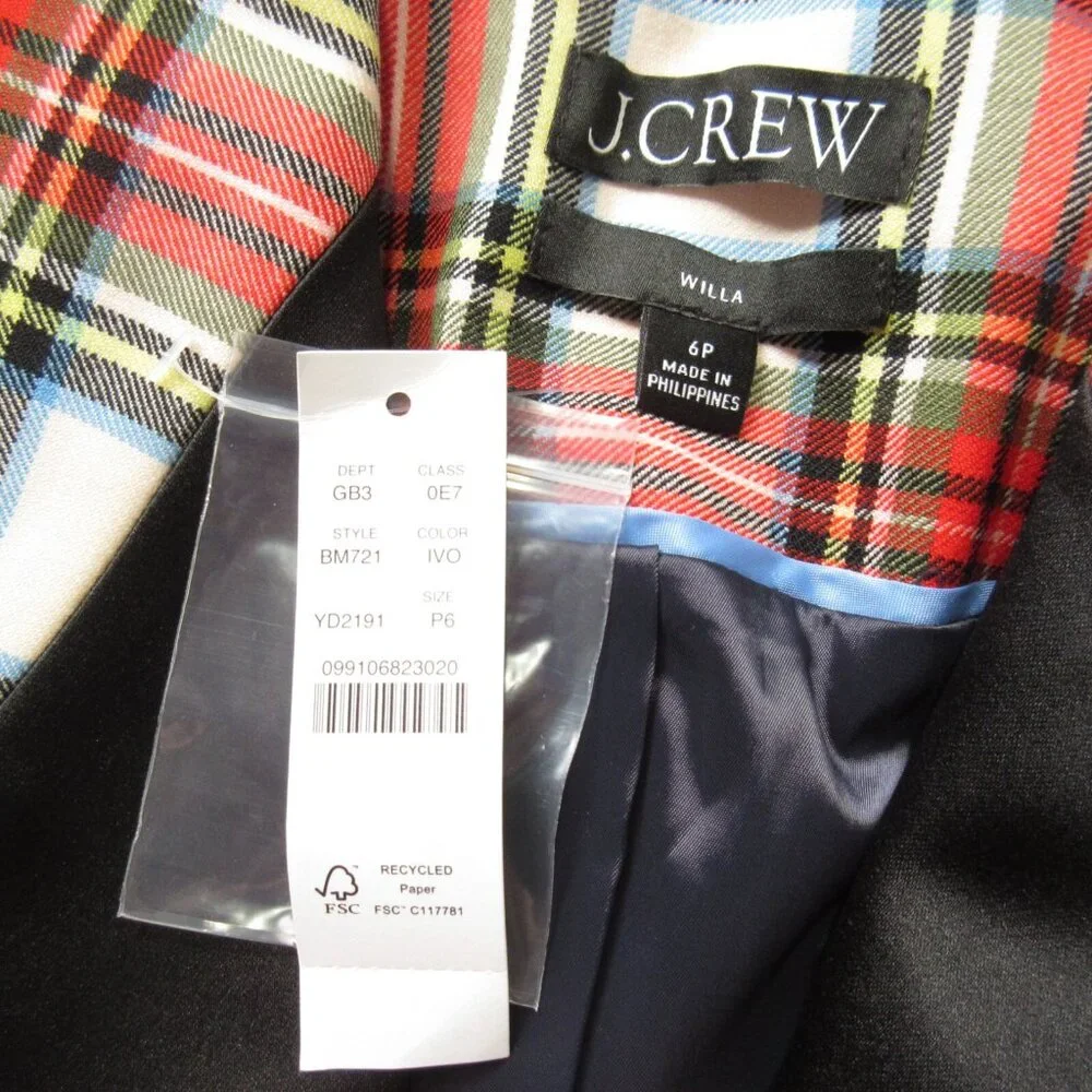 NWT J.Crew Petite Willa Blazer in Ivory Snowy Stewart Tartan Wool Jacket 6P
